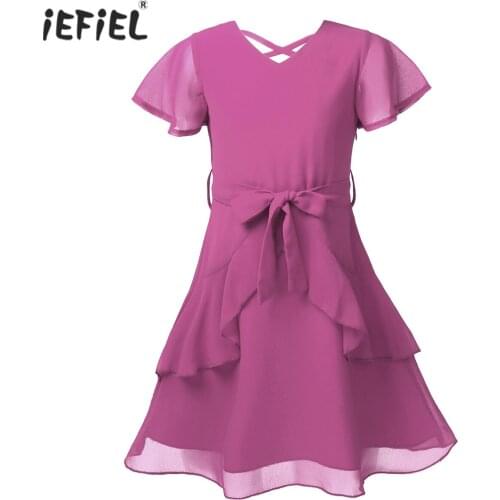 Summer Kids Dresses For Girls Short Sleeves Cross Back Strap Ruffle Dress Princess Flower Girl Dresses For Wedding Party Pageant