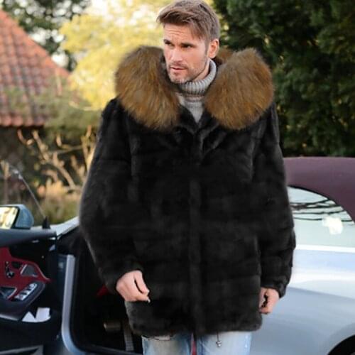 MenS Thick Faux Fur Coat Fashion Brown Fur Collar Hooded Jacket Male Autumn Winter Warm Tough Guy Artificial Fluffy Coats