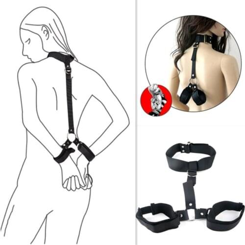 Role Play Game Set Back Handcuffs Soft Nylon One Line Chocker Collar Neck Hand & Wrist Braces Straps Costume Accessory