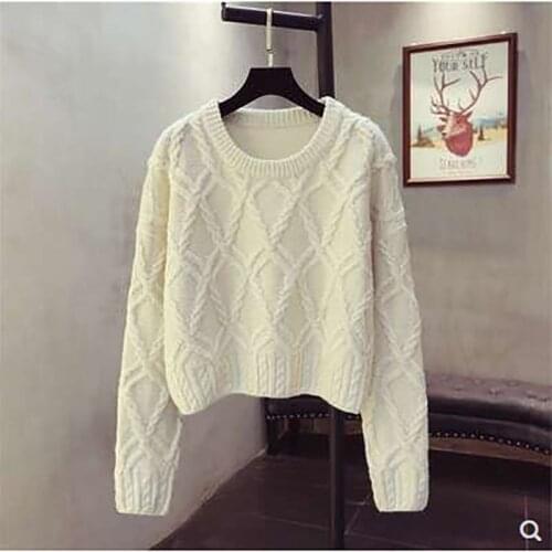 2021 autumn and winter new round neck twist sweater short retro diamond thick wool pullover sweater women