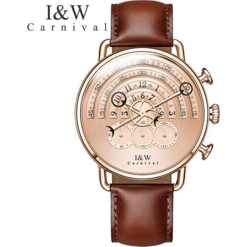 Relogio masculino Fashion Watches Carnival Men Chronograph Sports Quartz Watch Leather Wristwatches Sapphire Rose gold Case