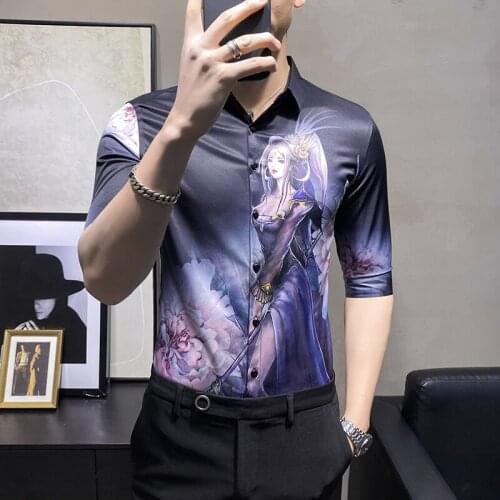 Fashion 2021 Beauty print Shirt Men Slim Fit Autumn New Half Sleeve Shirts Men All Match Digital Print Blouse Men Clothing