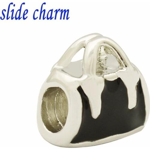 Slide charm Free shipping Valentines Day gifts black bag lady fashion charm beads fit Pandora bracelet