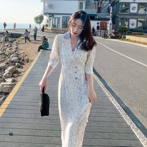 Chiffon Slim Floral Dress Women New Fashion Notched Summer Skirt French Casual High Quality Dress Puff Sleeve Dress Female L3