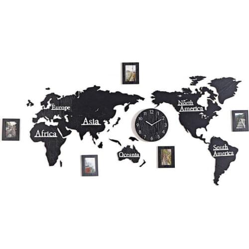 Nordic Large Wall Clock Diy Sticker Wood Photo Frame Creative 3d World Map Clocks Wall Watches Home Decor Living Room Gift D025