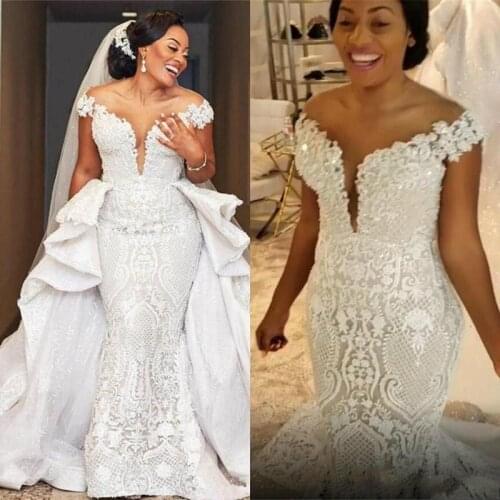 Spark Mermaid Wedding Dresses With Detachable Train African Lace Country Garden Boho Bridal Gowns Off The Shoulder 2020