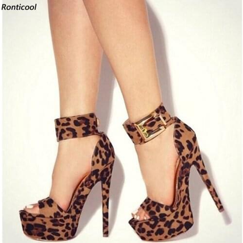 Ronticool Handmade Women Summer Ankle Strap Sandals Sexy Stiletto Heels Open Toe Charm Leopard Party Dress Shoes US Size 5-20
