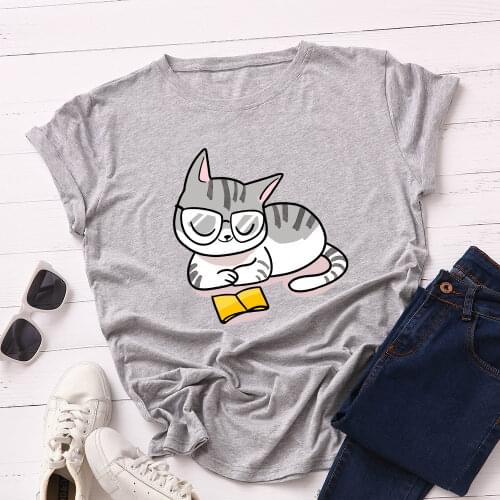 Women Short Sleeve Cotton T-Shirts Graphic Tees Summer Tee Tops for Female Loose Casual Oversized Tee Clothes Cute Cat Read Book