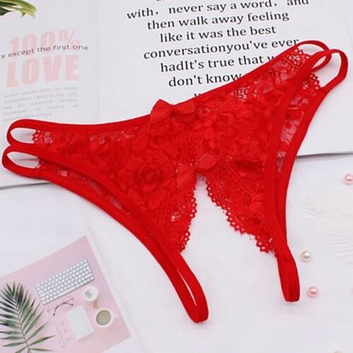 Women Summer Sexy Briefs Clothing Cutout Low Waist Lace Bowknot See Through Transparent Open Dental Floss Thong Panties LZR8986