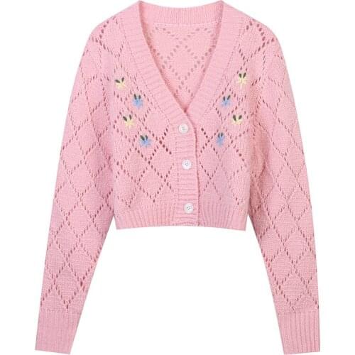 Womens V-Neck Cardigan Clothing High Quality Embroidered Short Sweater Single Breasted Ladies Knit Hollow Cardigan 2020 New