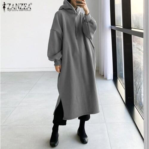 Stylish Split Hooded Dress Womens Autumn Sweatshirts ZANZEA 2021 Casual Long Sleeve Midi Vestidos Female Hooded Robe Oversized