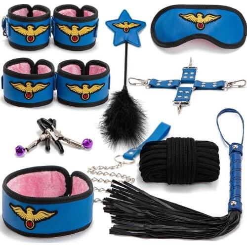 10pcs Under Bed Bondage Restraint Set Couples Game PU leather Handcuffs Rope Whip Collar Kit Sex Toys For Woman Adult Erotic Toy