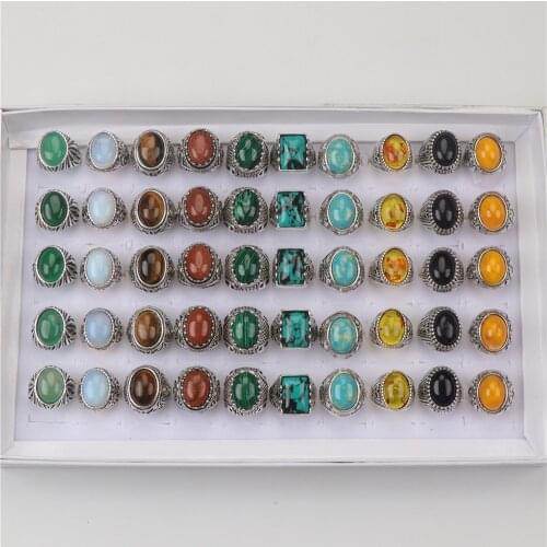 20pcs/lot Men Vintage Multicolor Mix Natural Stone Agate Malachite Tigereye Silver Color Rings For Women Fashion Jewelry Party