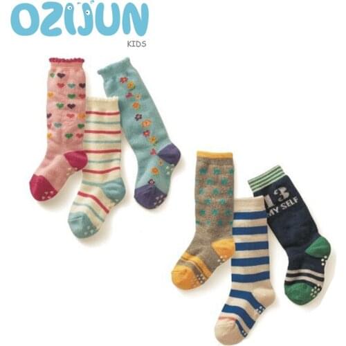 3 Pairs/lot Baby Boys Girls Anti Slip Cotton Knee High Socks Floral And Number 13 Pattern Four Season Knee Socks 1-2/2-3/3-5 Y