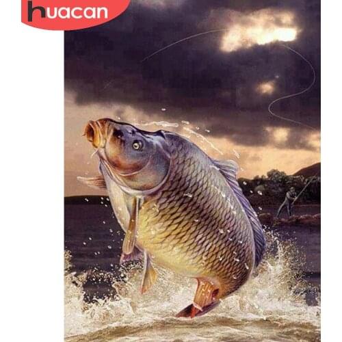 HUACAN Fish Diamond Painting 5d Diy Diamond Embroidery Mosaic Animal Fishing Lake Home Decor Diamond Art