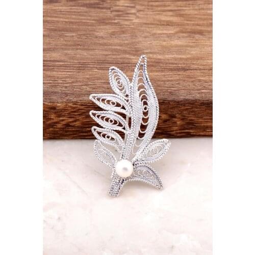 Filigree Embroidered Handmade Silver Design Brooch with Pearl Stone 314Hand Made Jewellery