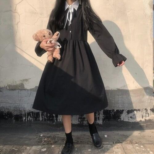 Kawaiii Lolita Harajuku Street Fashion Loose Japanese Sweet Long Polo Collar Black Long Sleeve Dress Women