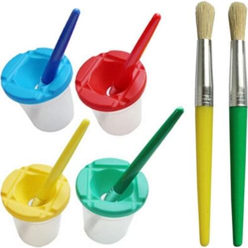 4PCS Paint Brush+4PC Washing Bucket For Children Kids Watercolor Oil Gouache Acrylic Painting Bristle Brushes Art Supply