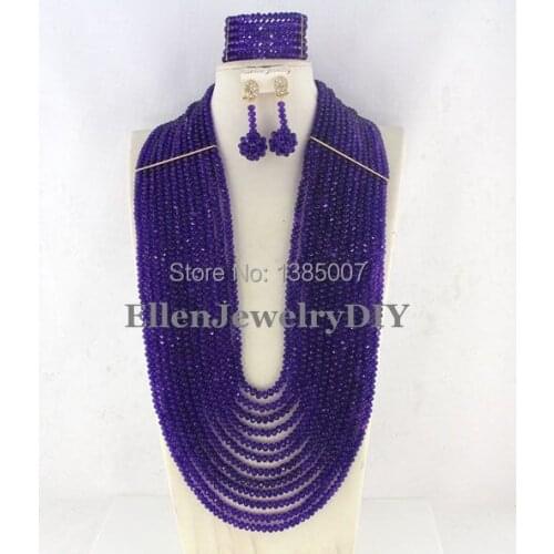Nigerian African Wedding Beads Jewelry Set Purple Nigerian Beads Necklace Set Fashion 12 Rows Crystal Beads Jewelry Set