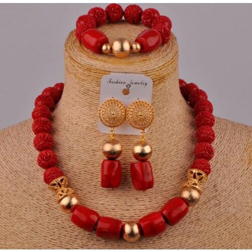 Red Coral Necklace Set Nigerian Wedding African Beads Jewelry Set 2-03B5