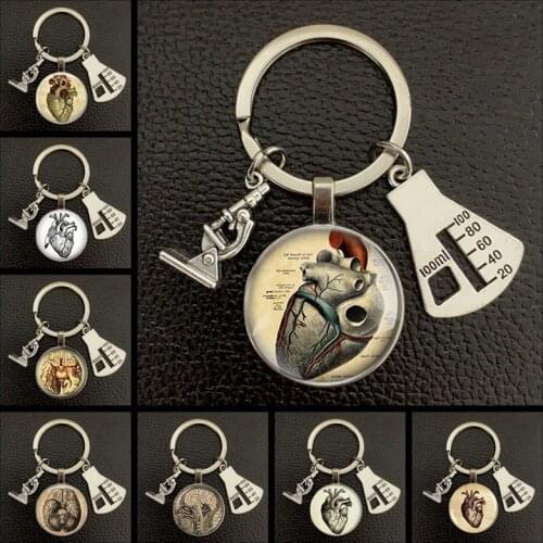 Creative new anatomical heart key chain glass metal key ring key ring heartbeat signs pendant biologist doctor gift