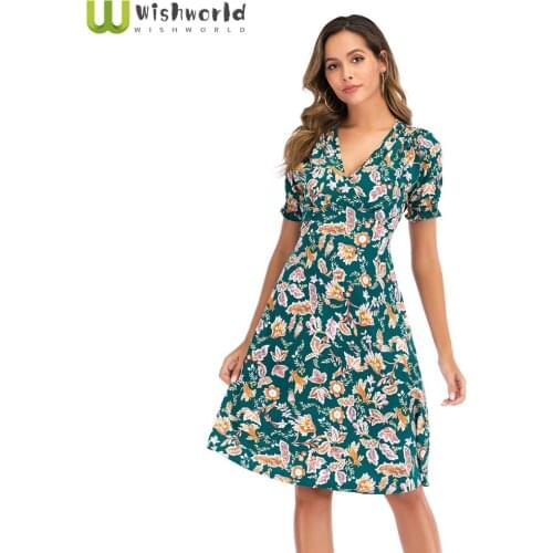 Many colors 2021 Summer New Bohemian V-neck Printing Chiffon Womens Dress Fashion Casual Beach Skirt Boutique Party Dresses