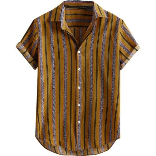 Hawaiian Shirts Men Retro Stripe Splice Cardigan Streetwear Short Sleeve Stand-up Collar Blusas Brief Button Up Kimono Рубашка