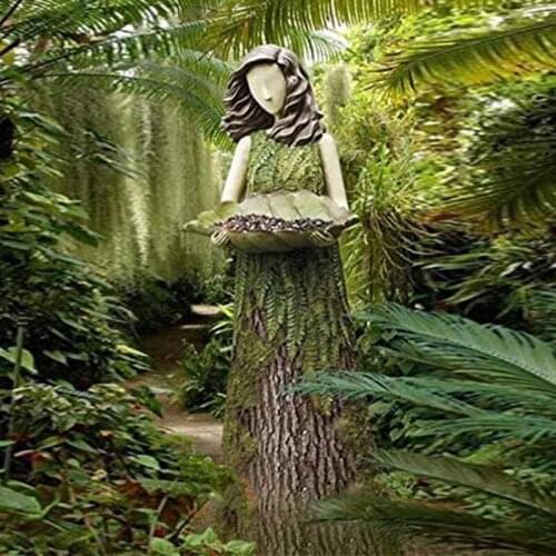 Sherwood Fern Fairy Statuary with Bird Feeder Resin Ornament Outdoor Garden Statue Super Cute GQ
