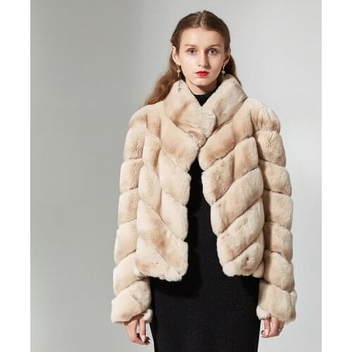 Slim Rex Rabbit Fur Coat Jacket Women Winter Fashion Short Beige Color Stand Collar Overcoat