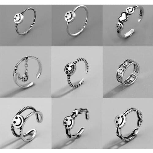 Vintage Smiling Face Thai Silver Color Ring For Women Ring Minimalist Accessories Gift Jewlery Dropshipping