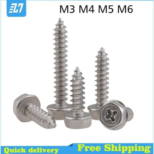 Flange Hex Head Self Tapping Wood Screws Cross Hexagon Bolts 304 Stainless Steel M3 M4 M5 M6