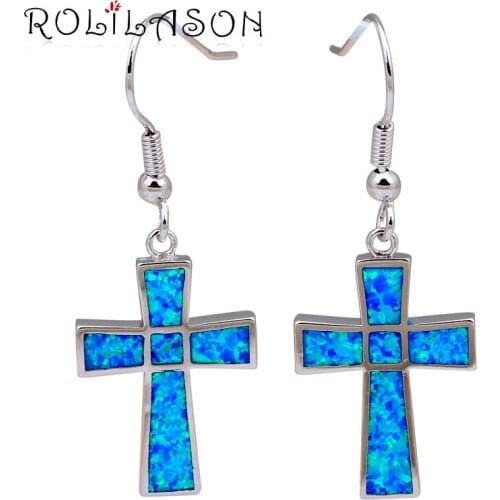 Top quality Wholesale & Retail Blue Fire Opal Silver Stamped Cross Dangle Earrings Fashion Jewelry Opal Jewelry OE532