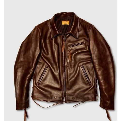 YR!Free shipping.Rare 1.5mm American Tea core cowhide jacket.Men Brown High quality rider luxury real leather coat.Winter
