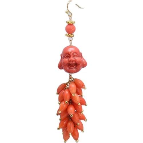 GuaiGuai Jewelry Natural Barrel Rice Orange Coral Resin Buddha Gold Plated Hook Dangle Earrings Handmade For Women