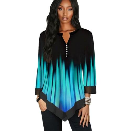 Striped Patchwork V Neck Blouse Women Spring Summer Casual Three Quarter Sleeve Button Tunic 5XL Plus Size Women Shirts Blouses