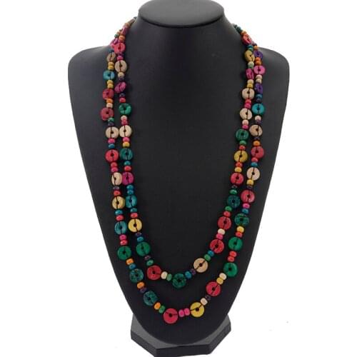 New Ddesign Mmulticolor Wood Beaded Handmade String Long Chain Necklaces Women Wooden Coconut Shell Ethnic Jewelry Gift