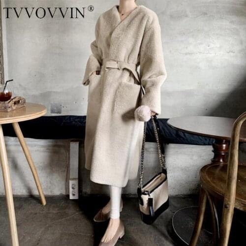 TVVOVVIN Lamb Deerskin Women Coat Fur Coat Thickened Women Winter Jacket Lace Up Loose Long Overcoat Faux Fur Jacket 2020 PLE4