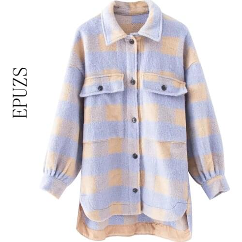 Fashion purple plaid women coats and oversized long sleeve jackets women long woolen jacket casual plaid top female long shirt