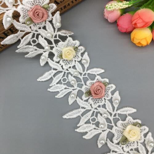 1 yard Pearl Beaded Rose Flower Embroidered Lace Trim Ribbon Fabric Sewing Supplies Craft For Costume Dress DIY Hat Decoration