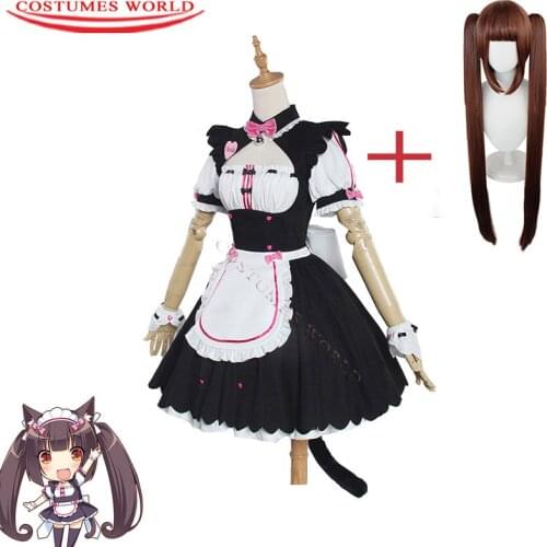 2020 Womens NEKOPARA Chocola Vanilla Maid Cosplay Costume Sexy Cute Dress Full Set Nekopara Cosplay Wig Chocolat Wigs Free Ears