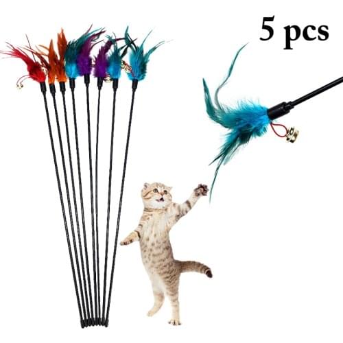 5PCS Hot Sale Cat Toys Make A Cat Stick Feather With Small Bell Natural Like Birds Random Color Black Coloured Pole Dropshipping