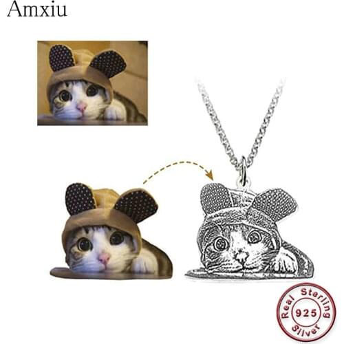 Amxiu Customized Pet Picture Necklace DIY 925 Sterling Silver Necklace Personalized Dog Cat Photo Necklaces Engrave Name Jewelry