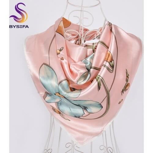 [BYSIFA] White And Pink Silk Scarf Shawl Fashion Brand Floral Satin Square Scarves Hijabs Autumn Winter Headscarves Wraps 90*90