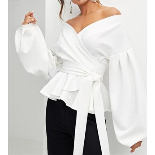 Women Sexy V-neck Blouses Tops Fashion Blouses 2021 Sexy Lantern Sleeve Bow Shirt Casual Solid Womens Work Streetwear Blusas