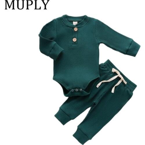 MUPLY Infant Newborn Ribbed Solid Clothes Sets For Girls Boys Four Season Long Sleeve Bodysuits + Elastic Pants 2PCs Outfits