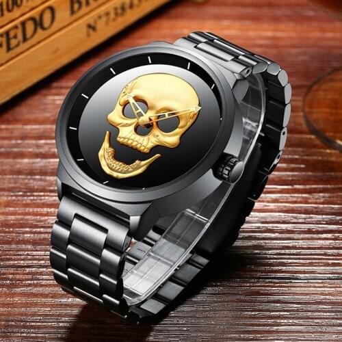 Waterproof Skull Mens Watch Stainless Steel and Leather Belt Head Ghost Head Male Wristwatches Gold Quartz Watch For Boy clock