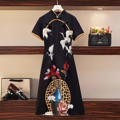 Chinese Cheongsam Style 2021 New Summer Elegant Womens Short Sleeves Black Slim Vintage Crane Print Dress Female Dresses