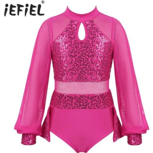 Kids Girls Sparkly Sequins Gymnastics Leotard Figure Skating Bodysuits Long Sleeves Keyhole Tulle Splice Dress Modern Dance Wear