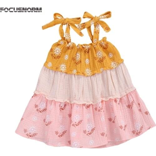 FOCUSNORM Infant Girls Suspender Dress Breathable Summer Children Floral Printing Wide Hemline Splicing Princess Dress