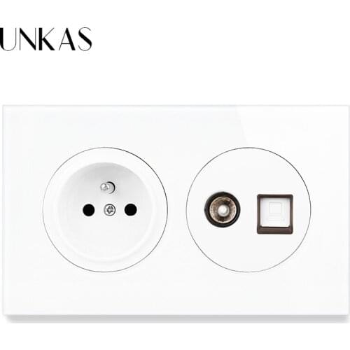 UNKAS French Standard Wall Socket + Female TV Connector and RJ45 Computer Jack 146MM*86MM Glass And Black Aluminum Panel Outlet
